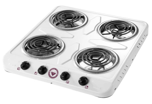 Portable electric stove with four burners on a white background